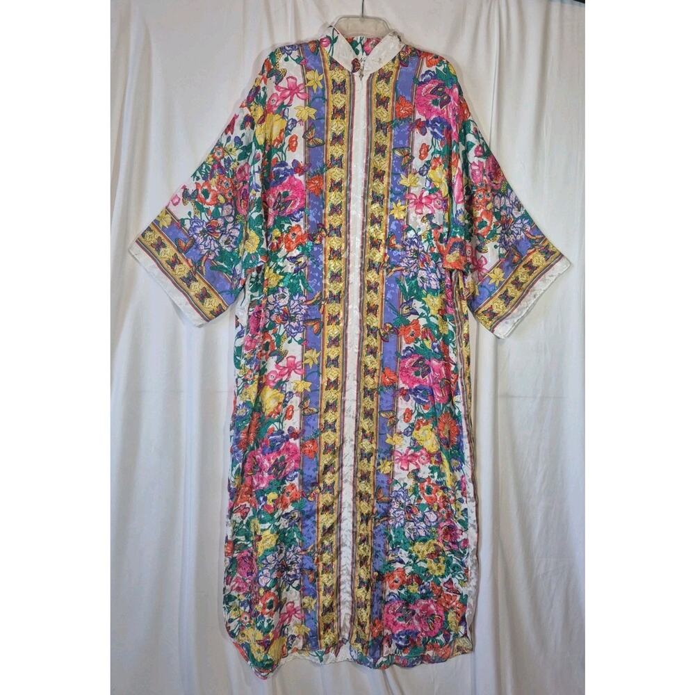 Vintage Ruth Norman Neiman Marcus Gold Pink Floral Caftan Maxi Dress Large